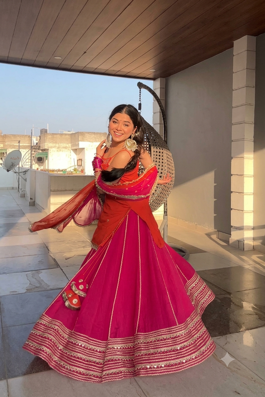 Orange Kurti with Rani Pink Lehenga Suit Set