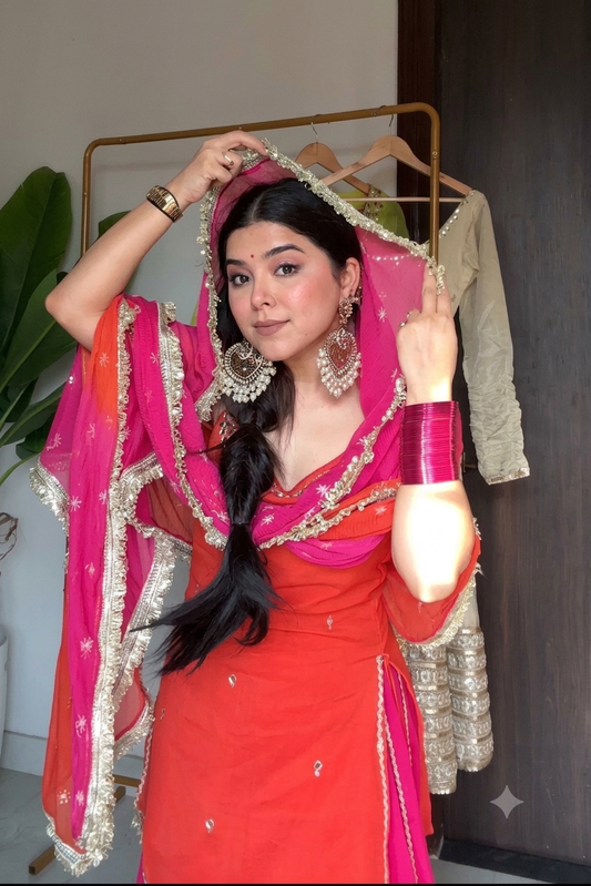 Orange Kurti with Rani Pink Lehenga Suit Set