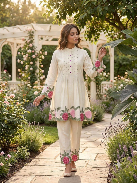 Summer-Friendly Roman Silk Embroidered 2-Piece Co-ord Set (Top & Pant)