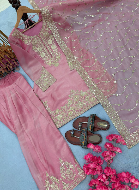 Designer Party Wear Pure Moss Silk Top and Farshi Palazzo Set with Dupatta