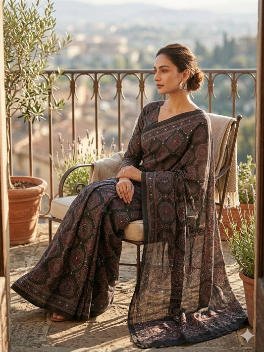 Aayna Black Chinnon Silk Ajrakh Saree