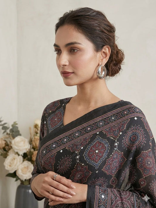 Aayna Black Chinnon Silk Ajrakh Saree