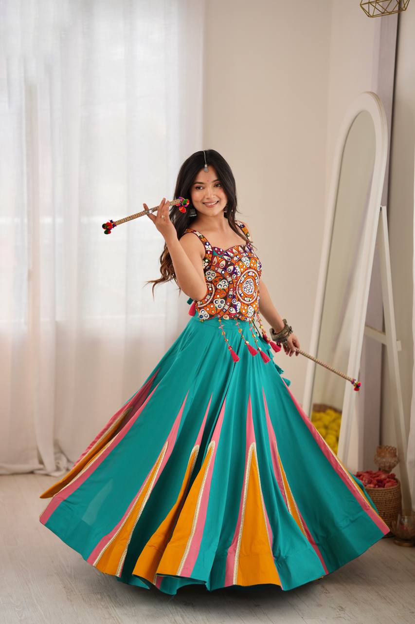 Turquoise Mirror Work Chaniya Choli