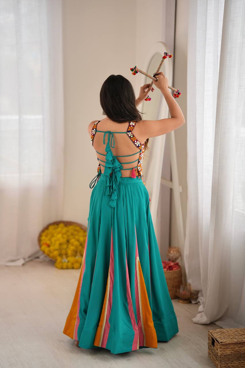 Turquoise Mirror Work Chaniya Choli - Back