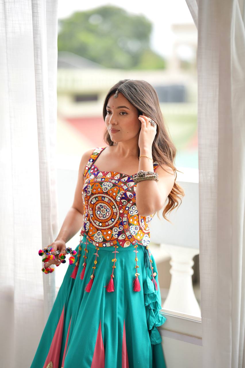 Turquoise Mirror Work Chaniya Choli