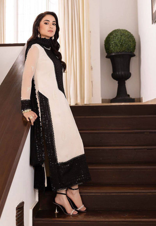 Black & Off-White Embroidered Pakistani Suit