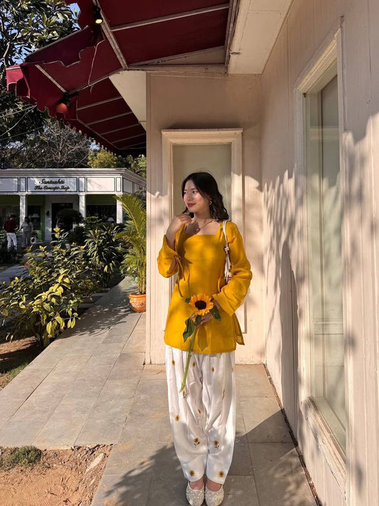 Yellow Short Kurti with Sunflower Tulip Pants