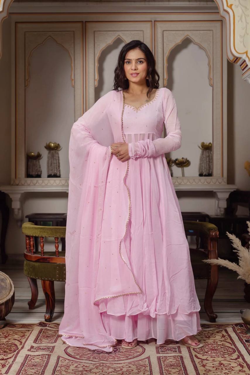 Baby Pink Padded Anarkali with Gold Lace V-Neck - 2