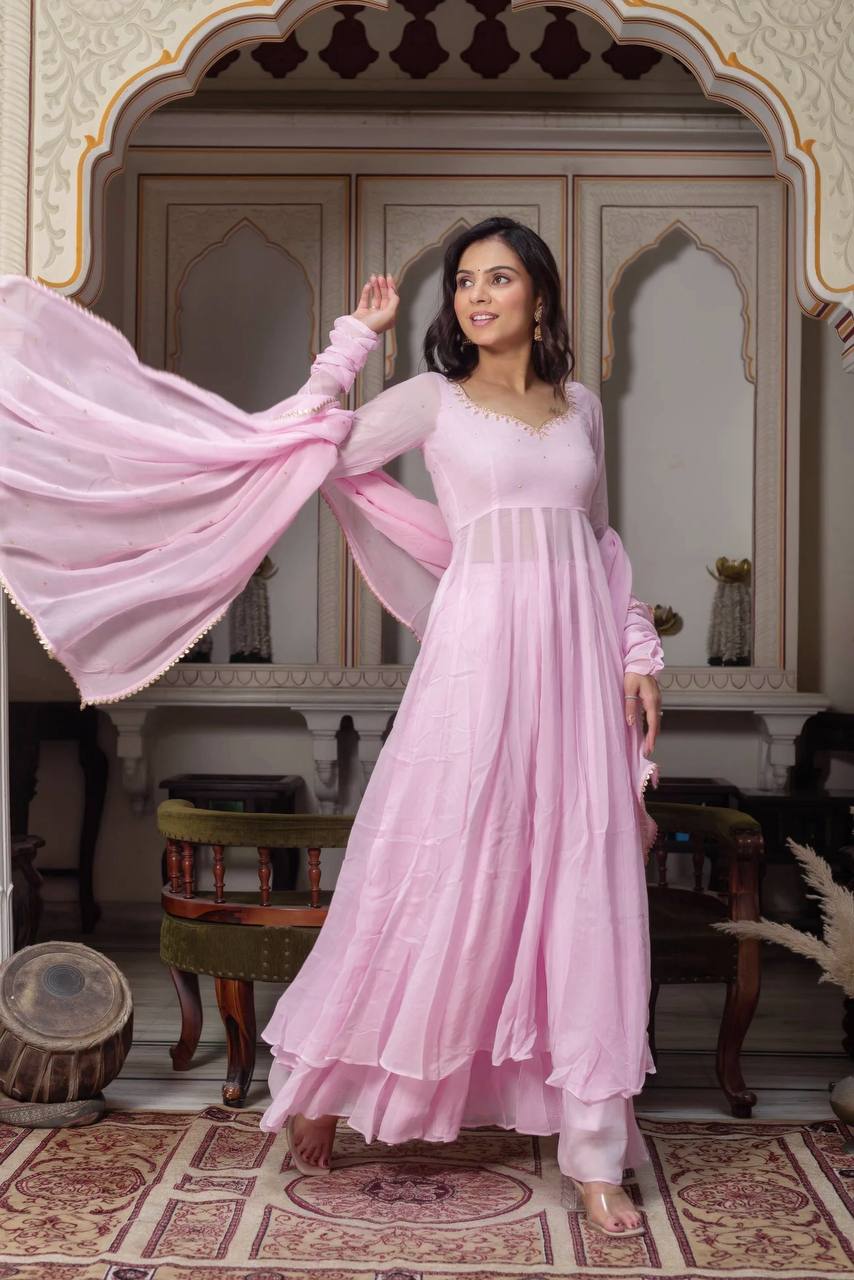 Baby Pink Padded Anarkali with Gold Lace V-Neck - 3