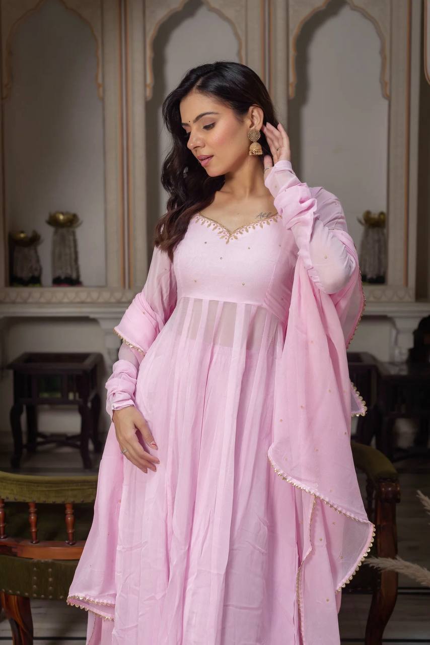 Baby Pink Padded Anarkali with Gold Lace V-Neck - 4