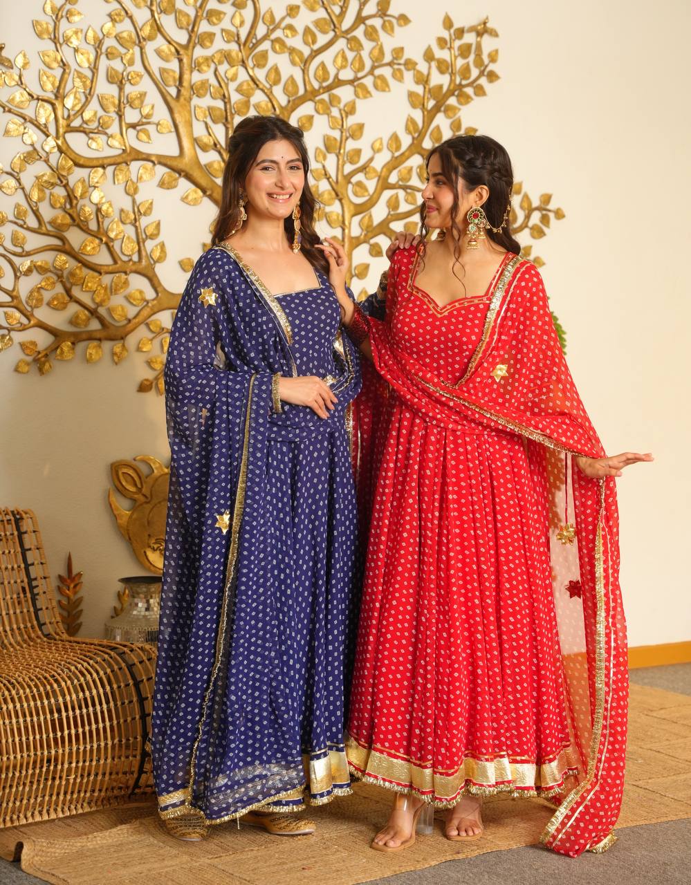 Digital Bandhani Print Anarkali - Red and Navy - 1