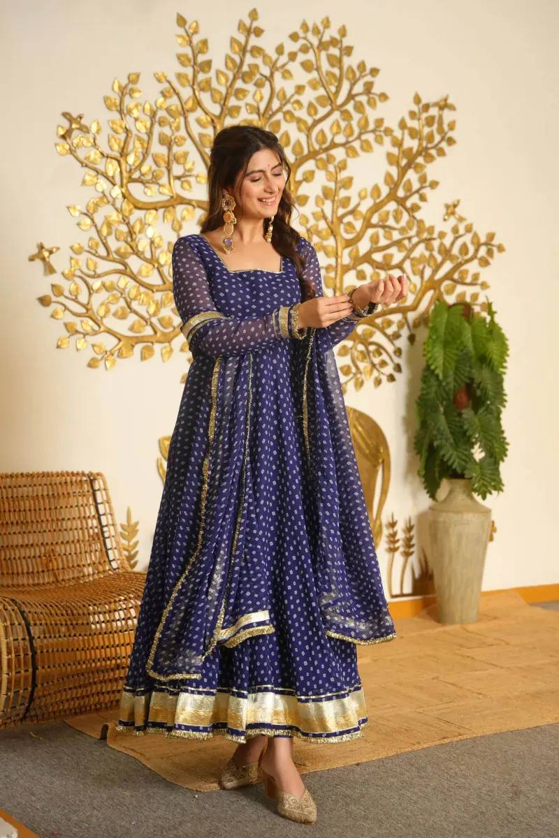 Digital Bandhani Print Anarkali - Navy Blue - 6
