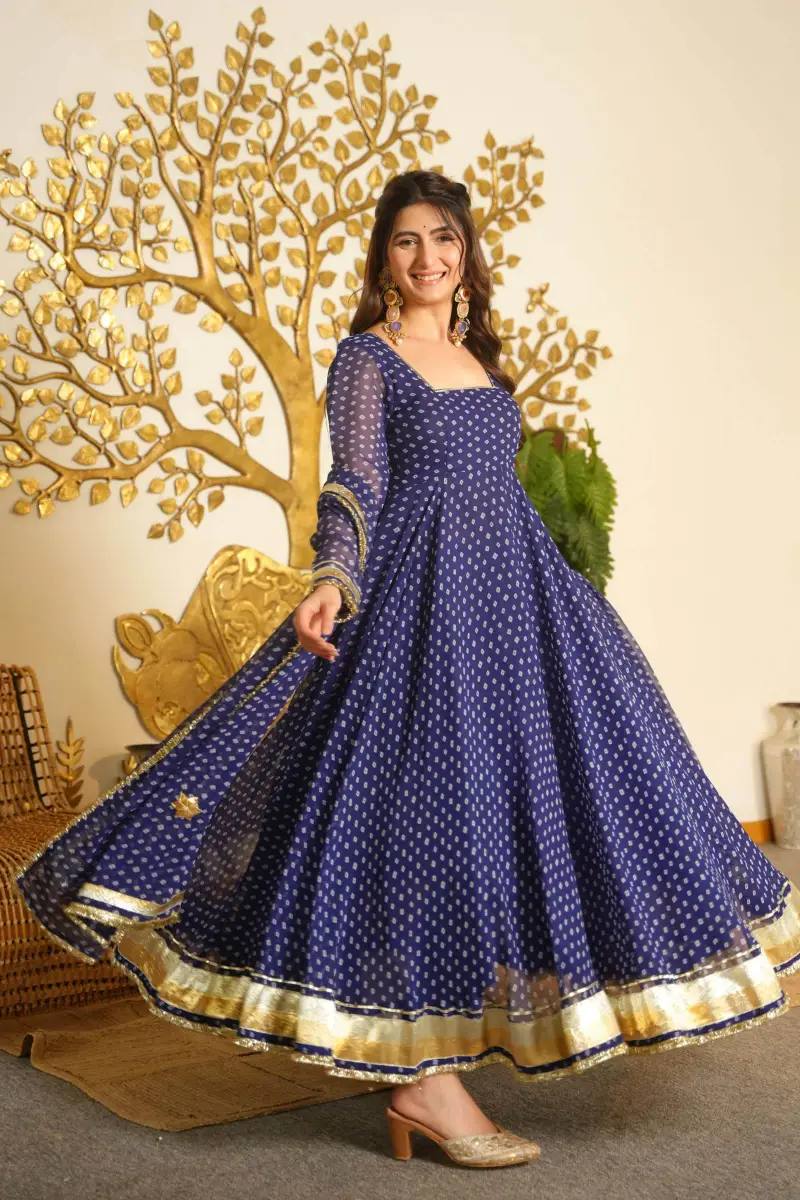 Digital Bandhani Print Anarkali - Navy Blue - 7