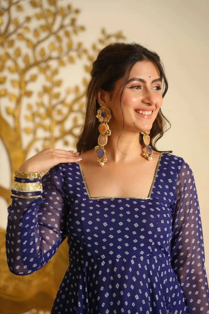 Digital Bandhani Print Anarkali - Navy Blue - 8