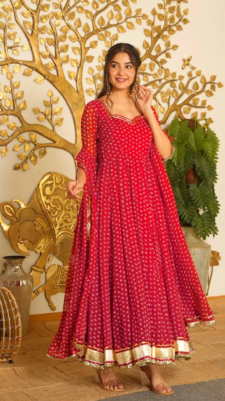 Digital Bandhani Print Anarkali - Red - 2