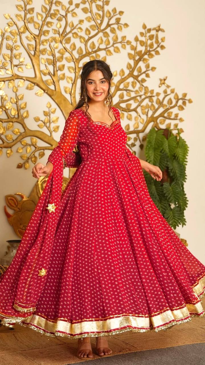 Digital Bandhani Print Anarkali - Red - 4