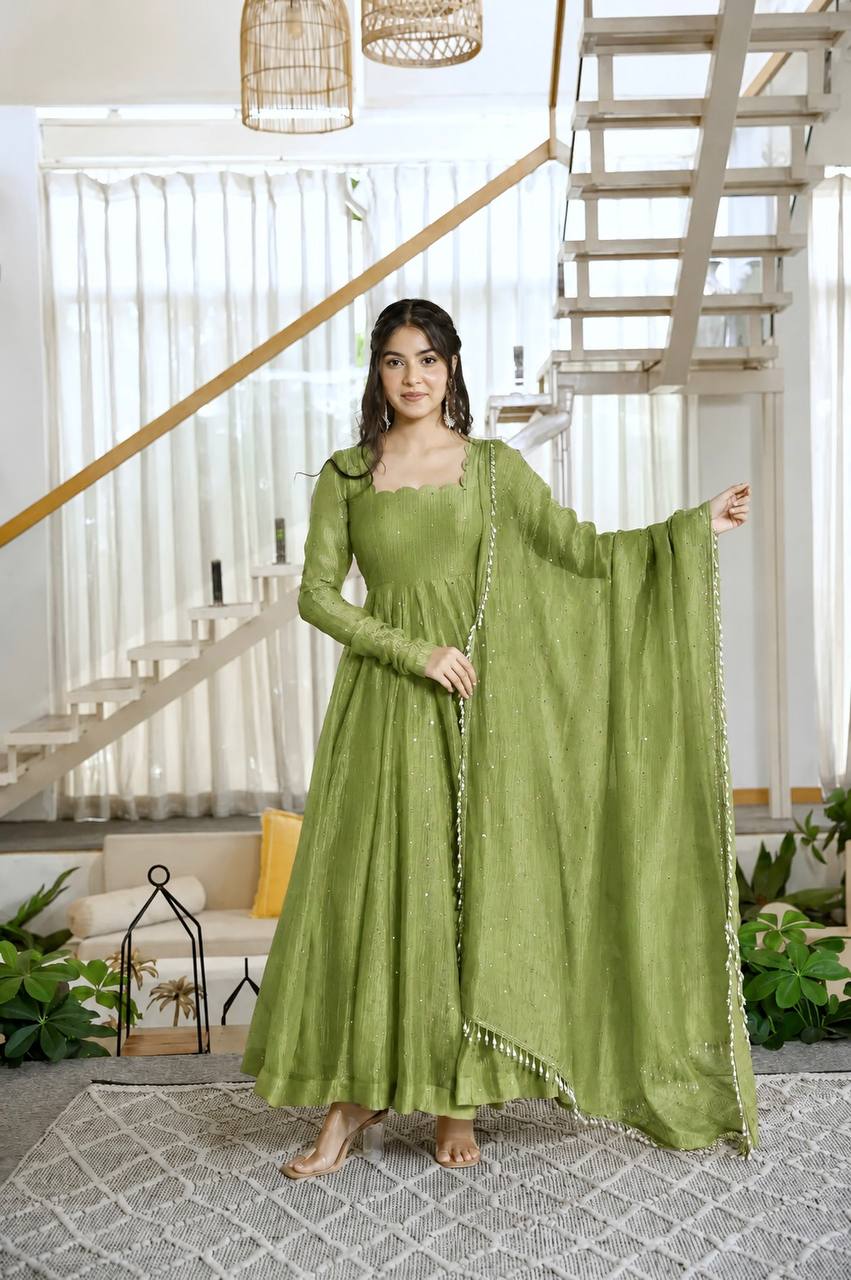 Foil Work Silk Gown - Green - 1