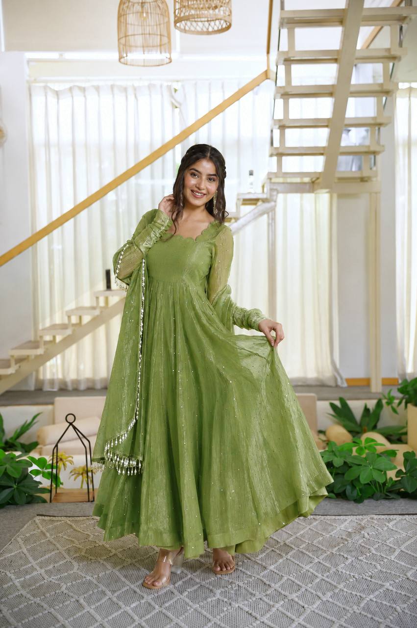 Foil Work Silk Gown - Green - 3