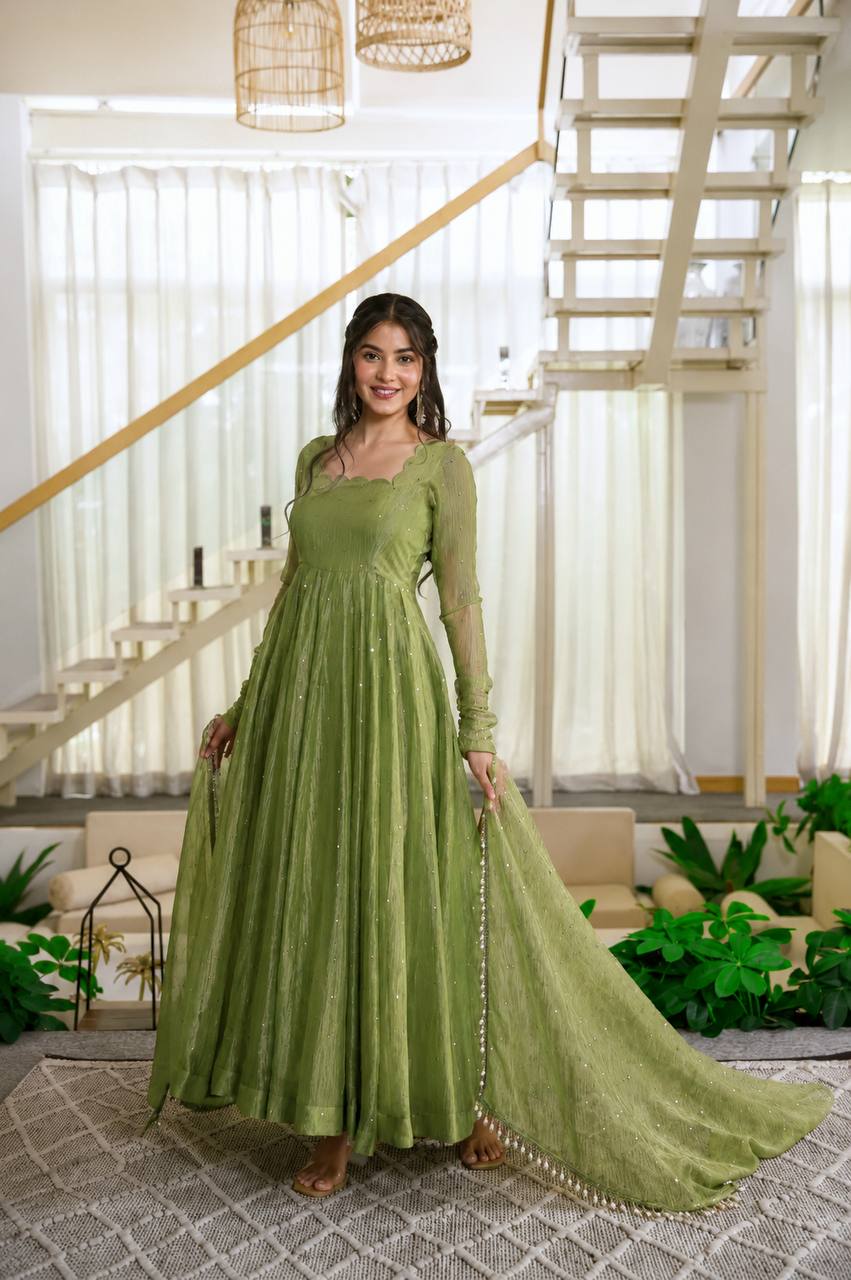 Foil Work Silk Gown - Green - 4
