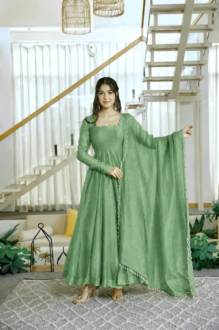 Foil Work Silk Gown - Parrot - 1