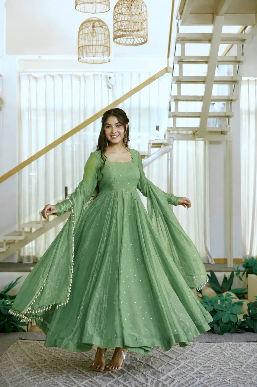 Foil Work Silk Gown - Parrot - 2