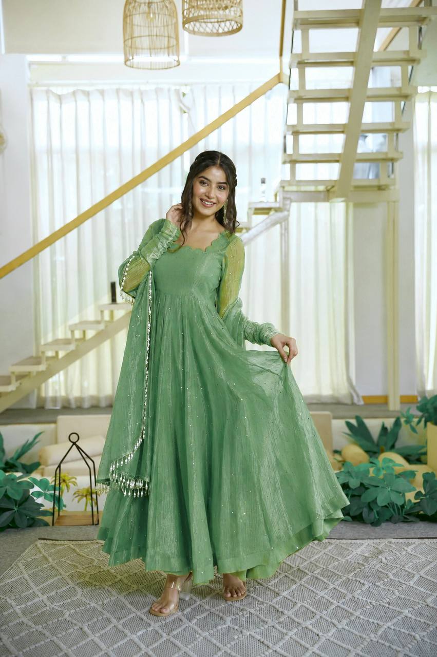 Foil Work Silk Gown - Parrot - 3