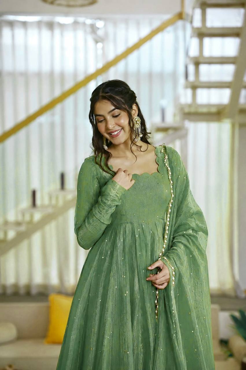 Foil Work Silk Gown - Parrot - 4