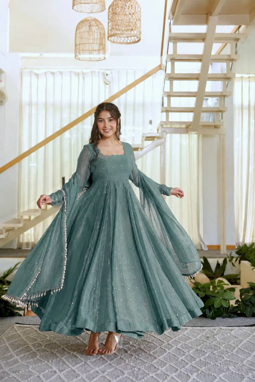 Foil Work Silk Gown - Teal - 1
