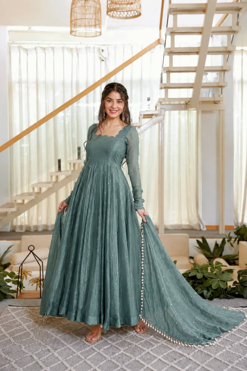 Foil Work Silk Gown - Teal - 2