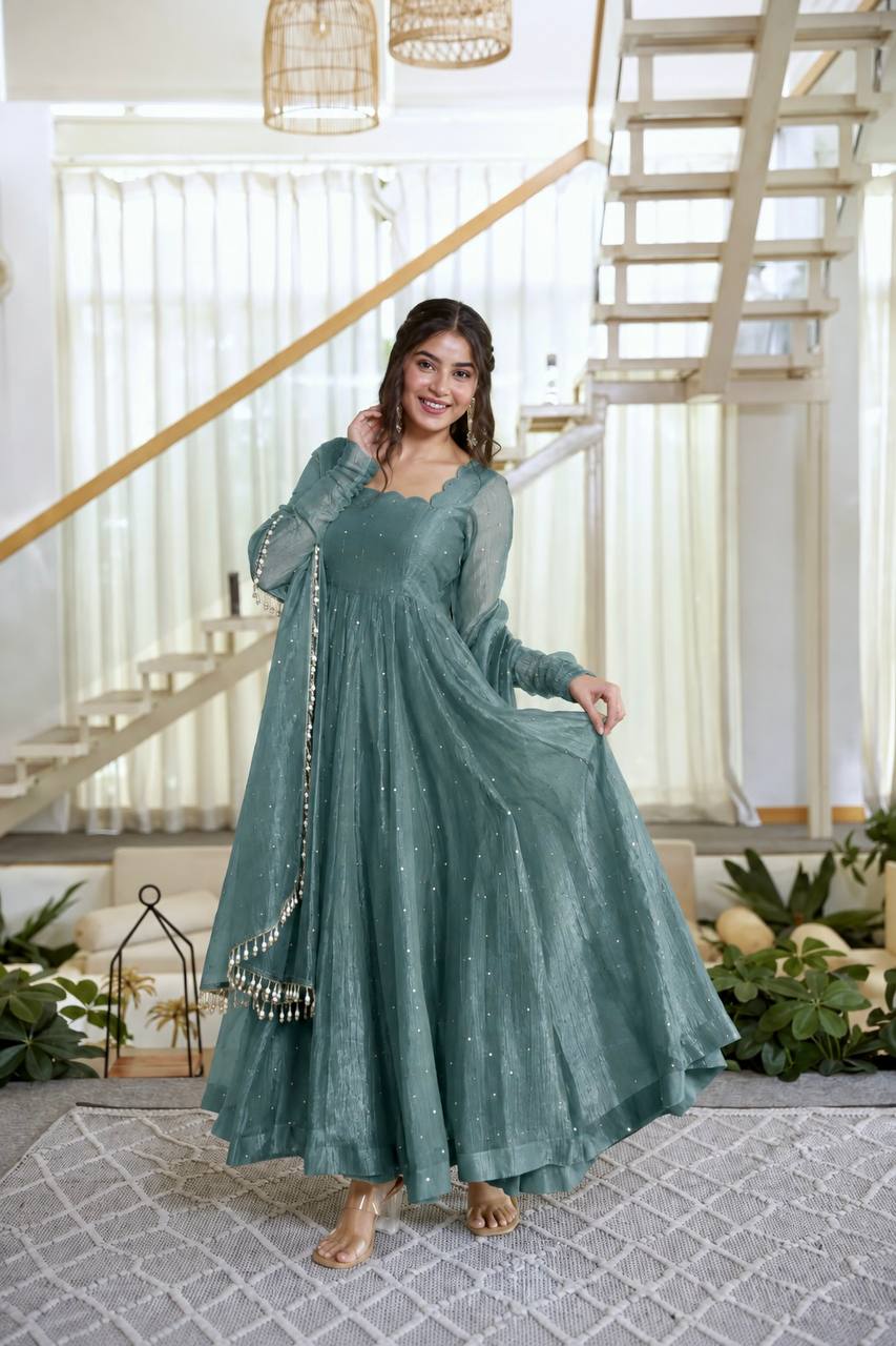 Foil Work Silk Gown - Teal - 3