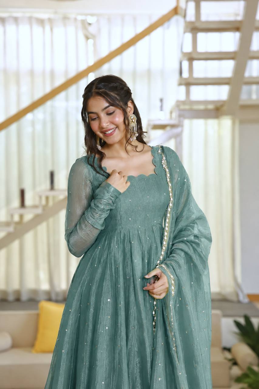 Foil Work Silk Gown - Teal - 4
