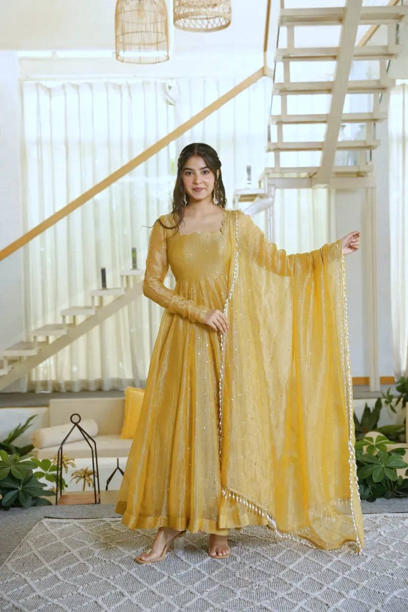 Foil Work Silk Gown - Yellow - 1