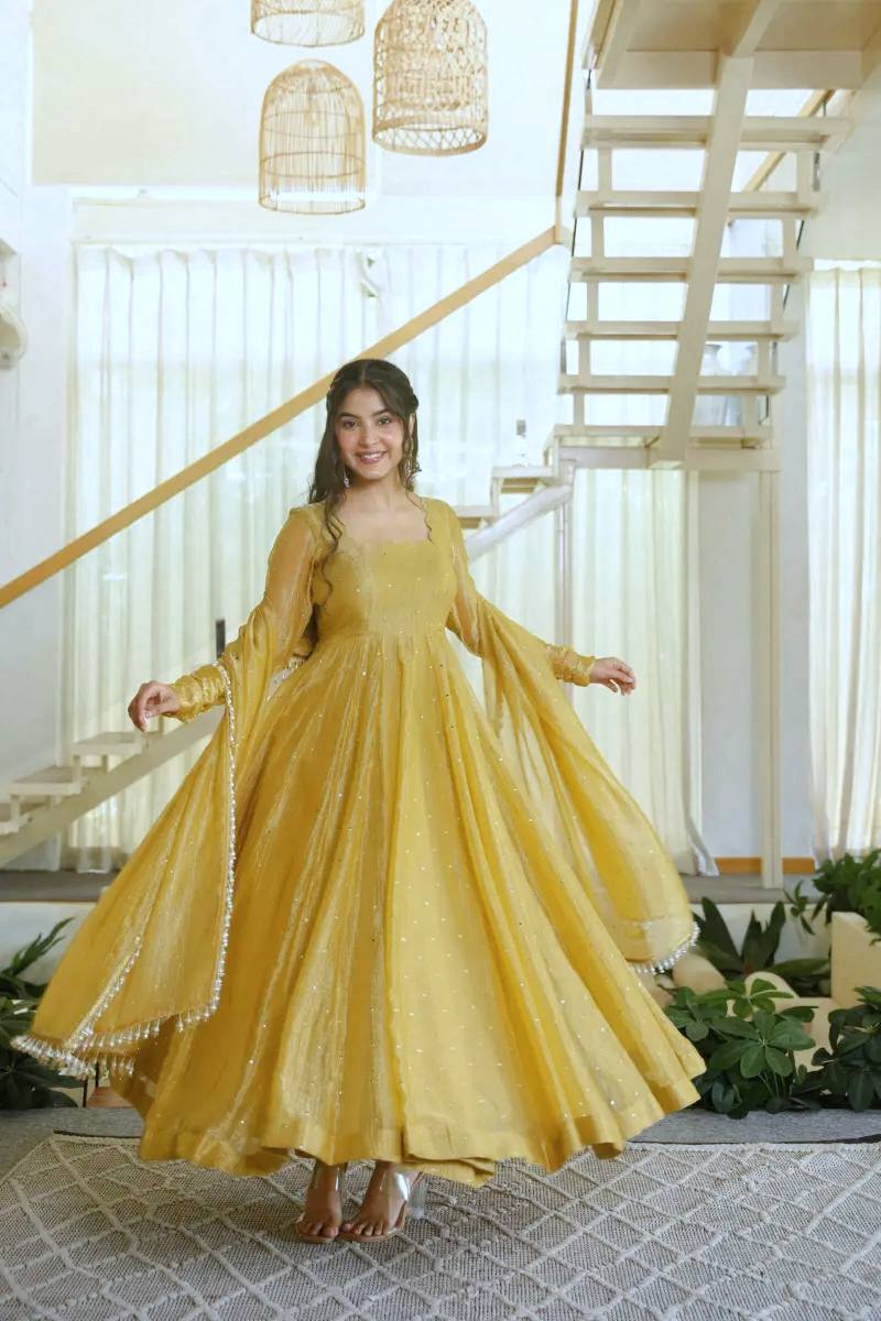 Foil Work Silk Gown - Yellow - 2