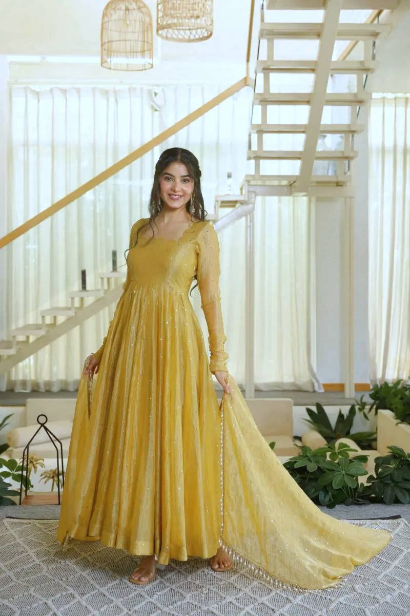 Foil Work Silk Gown - Yellow - 3