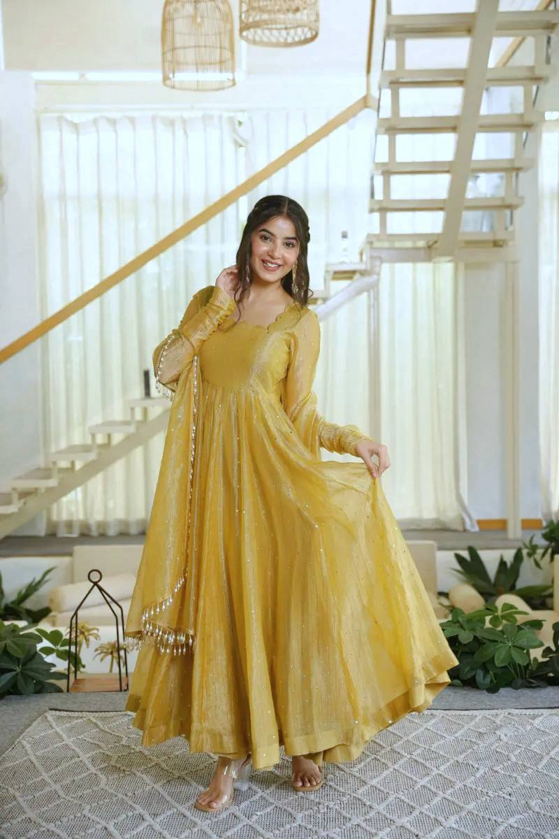 Foil Work Silk Gown - Yellow - 4