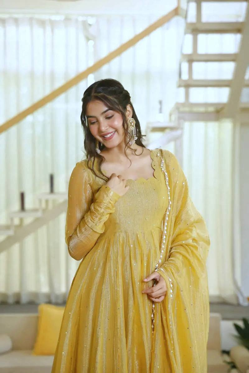 Foil Work Silk Gown - Yellow - 5