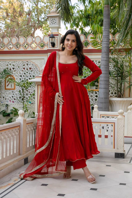 Red Hand-Embellished Anarkali - 1