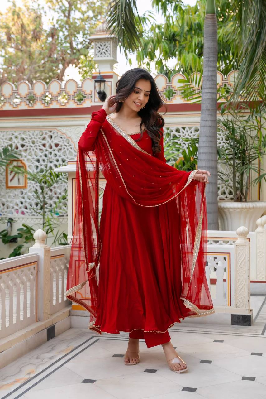 Red Hand-Embellished Anarkali - 2