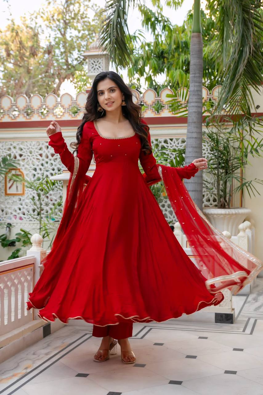 Red Hand-Embellished Anarkali - 3