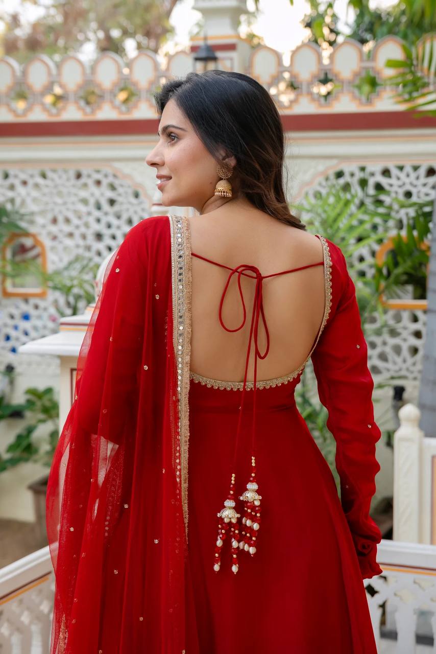 Red Hand-Embellished Anarkali - 4