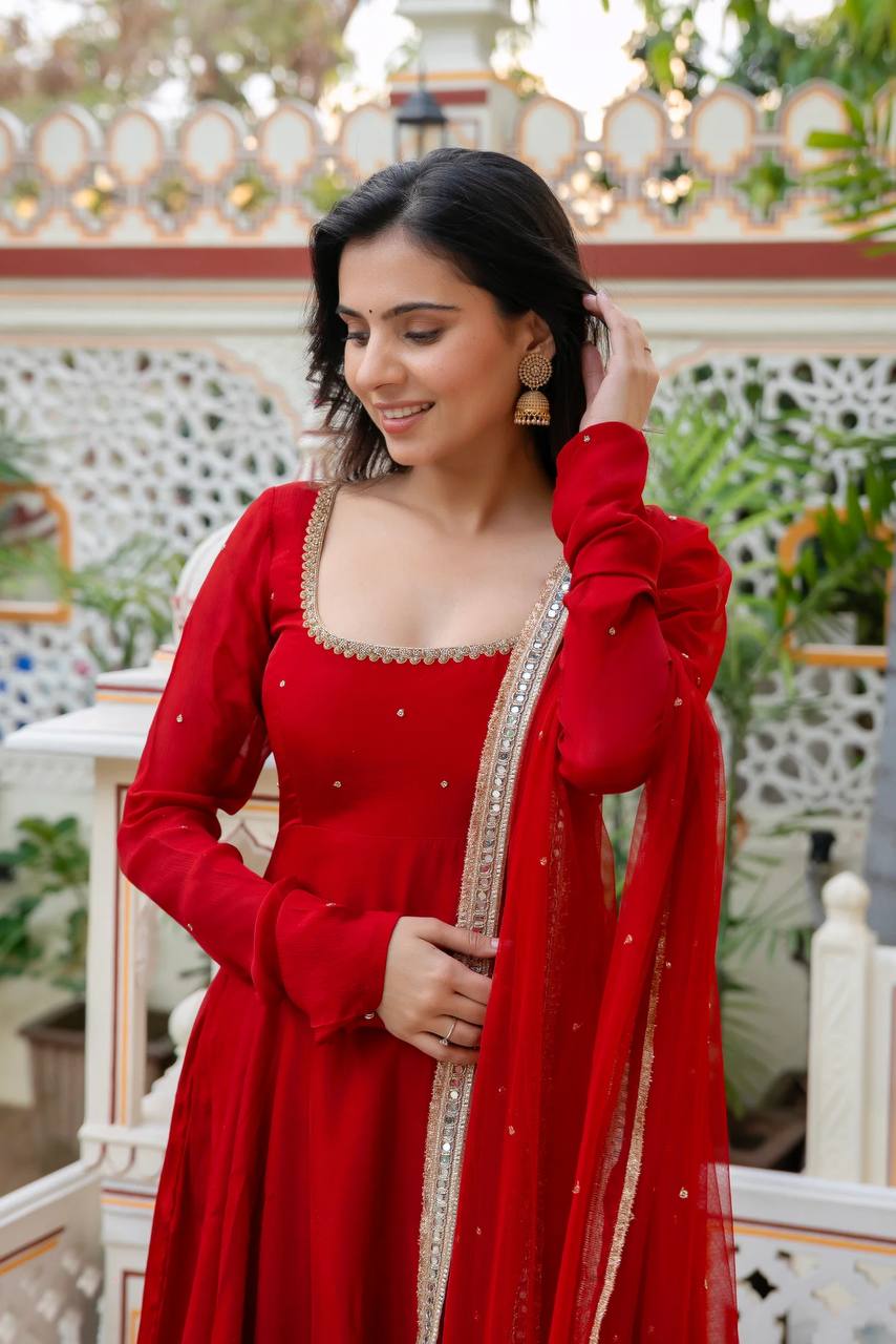 Red Hand-Embellished Anarkali - 5