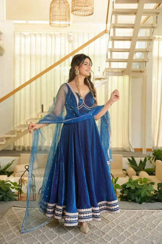 Royal Blue Padded Gown with Gold Chain Bust - 1