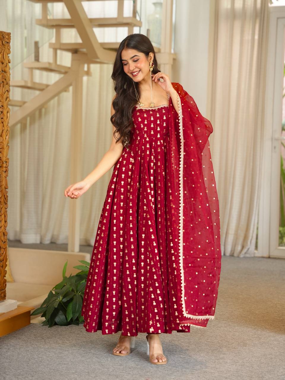 Maroon Jacquard Butti Sleeveless Anarkali - 1