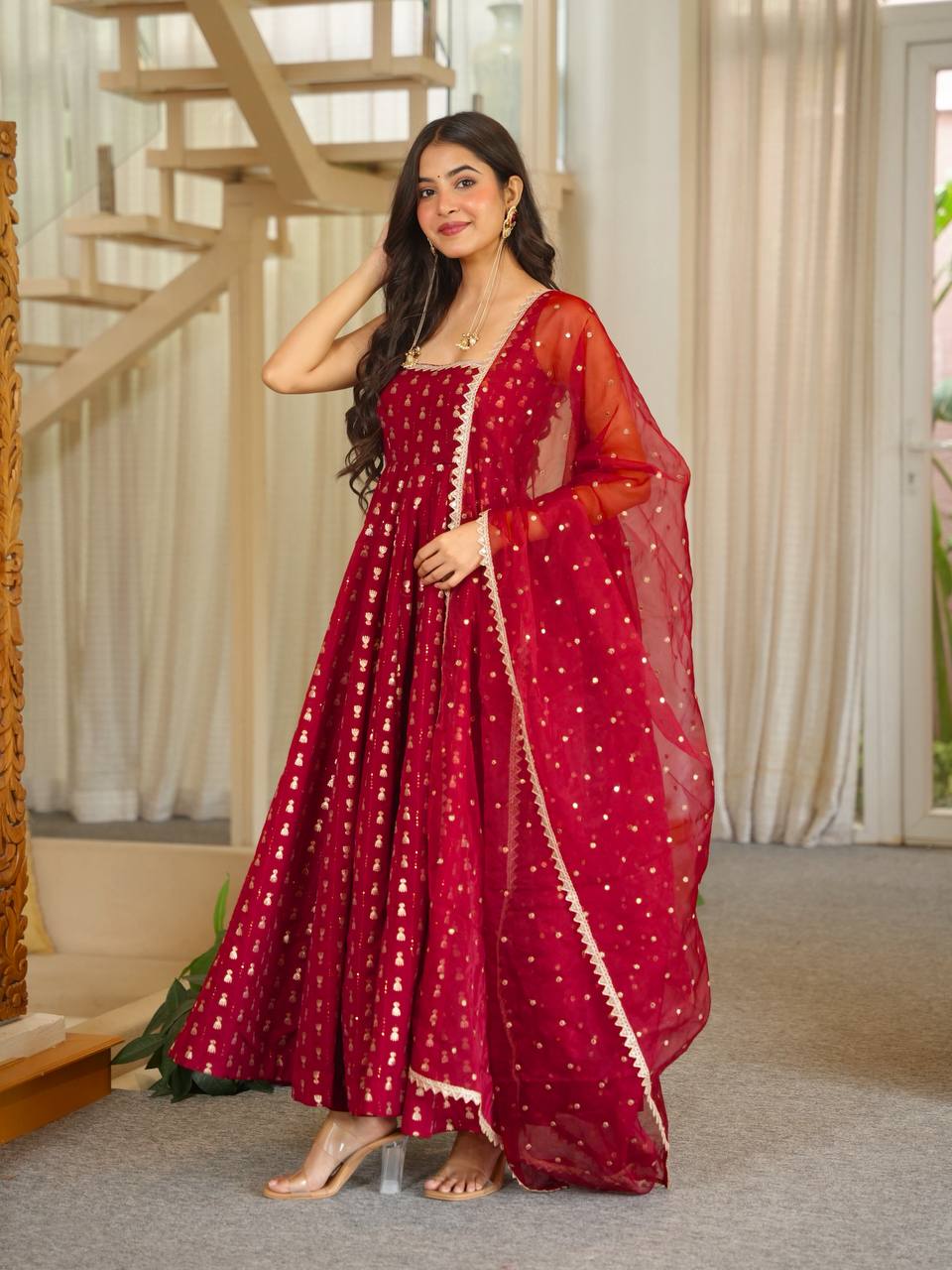 Maroon Jacquard Butti Sleeveless Anarkali - 2