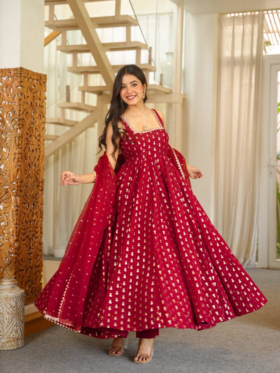 Maroon Jacquard Butti Sleeveless Anarkali - 3