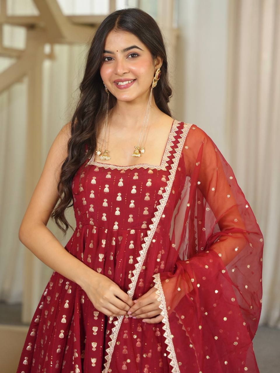Maroon Jacquard Butti Sleeveless Anarkali - 4