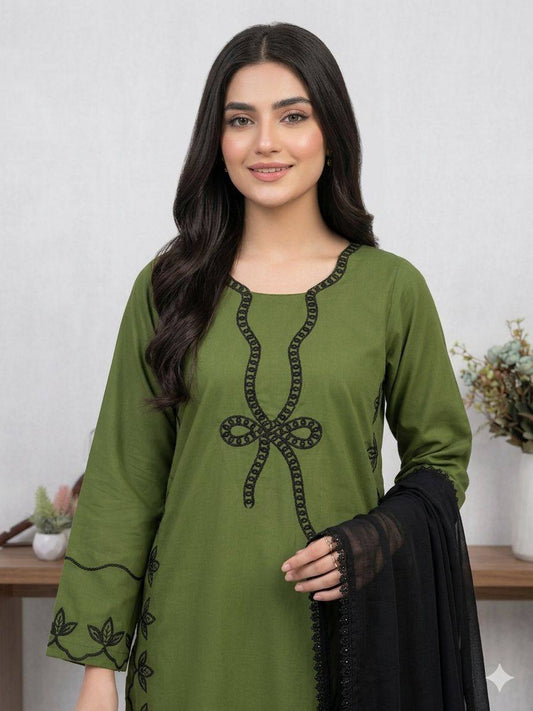 Olive Green Embroidered Kurta Set with Black Dupatta