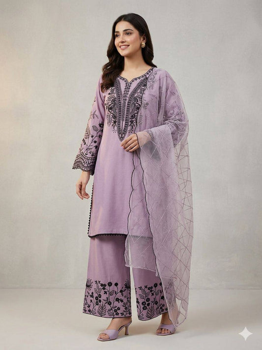 Lavender Embroidered Kurta Palazzo Set with Dupatta