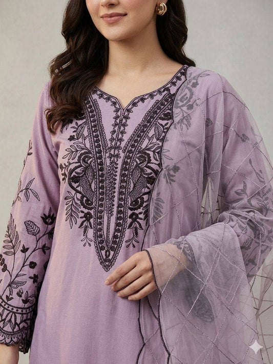 Lavender Embroidered Kurta Palazzo Set with Dupatta
