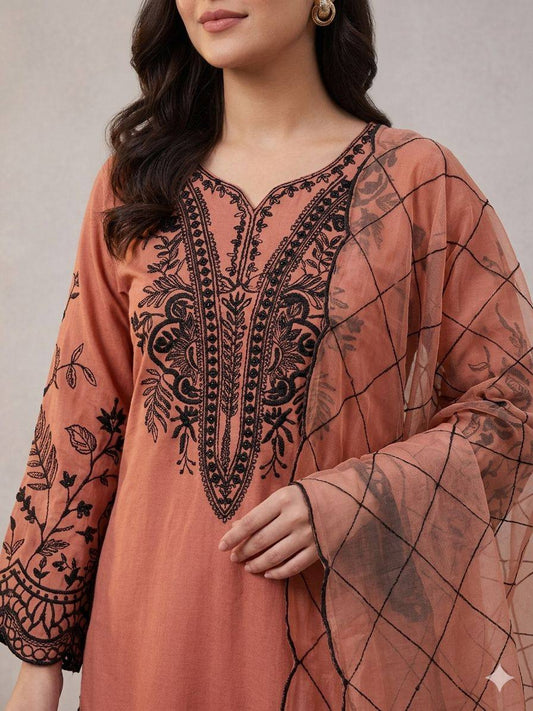 Peach Embroidered Kurta Palazzo Set with Dupatta